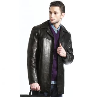 Mens Genuine Leather Button Front Car Coat with Zip out Liner