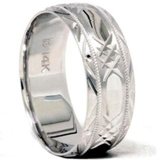 Hand Carved Wedding Band 14K White Gold