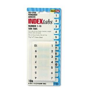 Redi Tag Plastic Index Tabs, #1 10, Self Stick, 1in, White   Office