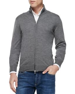 Brunello Cucinelli Fine Gauge Full Zip Sweater, Gray