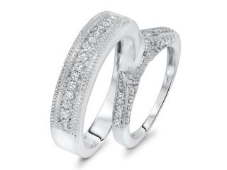 1/2 Carat T.W. Round Cut Diamond Ladies and Men's Wedding Rings 14K White Gold 