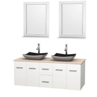 Wyndham Collection Centra 60 in. Double Vanity in White with Marble Vanity Top in Ivory, Black Granite Sinks and 24 in. Mirrors WCVW00960DWHIVGS1M24