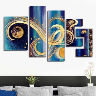 Design Art Abstract 5 Piece Original Painting on Canvas Set in Blue