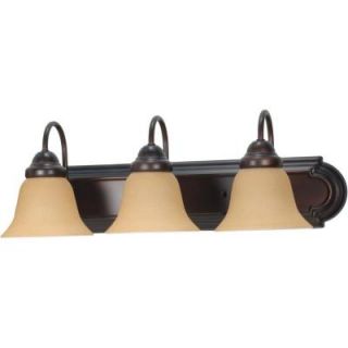 Glomar 3 Light Mahogany Bronze Vanity Light with Champagne Linen Washed Glass HD 1265