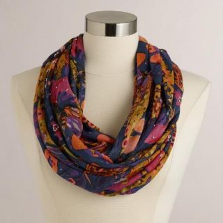 Blue and Pink Floral Infinity Scarf with Silver Beads