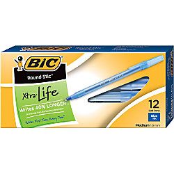 BIC Round Stic Ballpoint Pens Medium Point 1.0 mm Translucent Barrel Blue Ink Pack Of 12