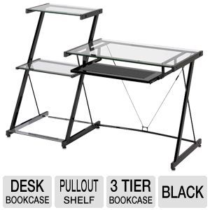 Z Line Nero ZL2021DBU Desk and Bookcase   Clear Tempered Glass, 3 Tier Bookcase, Pullout Shelf, Reinforced Plates, Black