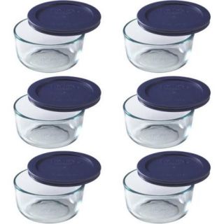 Pyrex 2 Cup Round Glass Storage Set with Dark Blue Plastic Cover, Set of 6