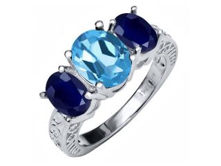 3.84 Ct Oval Swiss Blue Topaz Blue Sapphire 925 Sterling Silver Ring