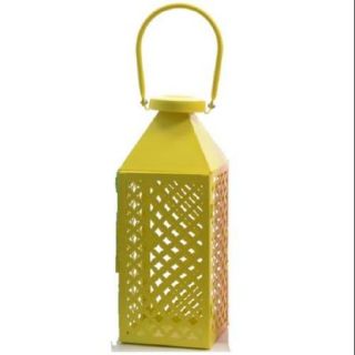 Fancy Fair Lemon Yellow Diamond Patterned Pillar Candle Lantern 10"