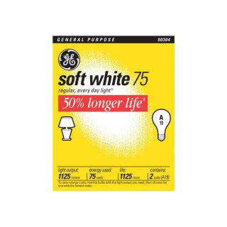 GE 2 Pack 75 Watt A19 Medium Base Soft White Incandescent Light Bulbs