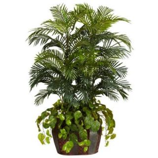 Nearly Natural 4.5 ft. Green Double Areca with Vase and Pothos Silk Plant 6634
