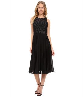 Maggy London Chiffon Pleated Skirt with Star Flower Lace Black