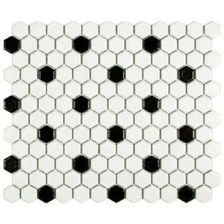 Merola Tile Metro Hex Matte White with Black Dot 10 1/4 in. x 11 3/4 in. x 5 mm Porcelain Mosaic Tile (8.54 sq. ft. / case) FDXMHMWD