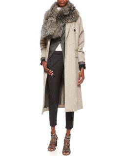Brunello Cucinelli Wool Cashmere Double Breasted Coat, Tweed Blazer with Monili Cuffs, Silver Fox Monili Beaded Wrap Scarf, Matte Silk Turtleneck Top & Curved Seamed Riding Pants