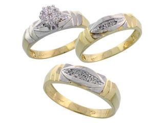 10k Yellow Gold Trio Engagement Wedding Rings Set for Him and Her 3 piece 6 mm & 5 mm wide 0.09 cttw Brilliant Cut, ladies sizes 5 – 10, mens sizes 8   14