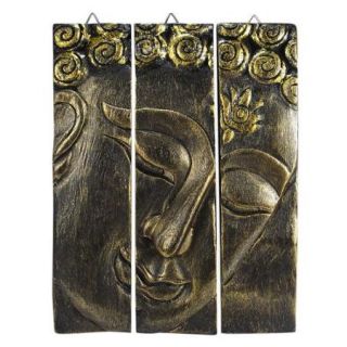 Golden Buddha Face Three Panel Hand Carved Wood Wall Art , Handmade in Thailand