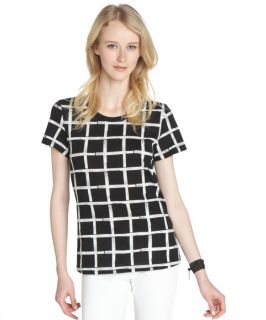 French Connection Black And White Cotton Check Pattern Short Sleeve Tee (326728901)