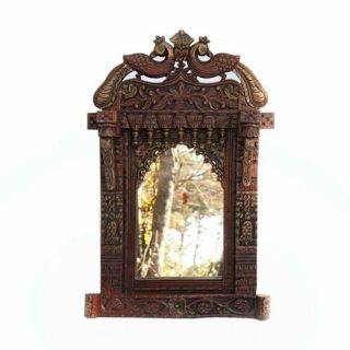 27" VedaHome Sacred Space Hand Carved Wood Framed Arch Jharokha Wall Mirror