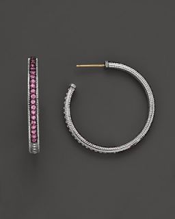 Judith Ripka Sterling Silver Pave Hoop Earrings with Pink Sapphire