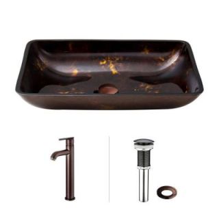 Vigo Rectangular Glass Vessel Sink in Brown and Gold Fusion with Faucet in Oil Rubbed Bronze VGT276
