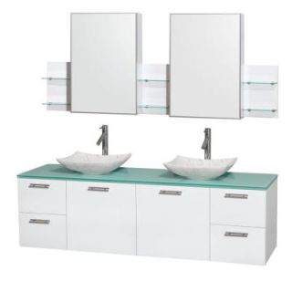 Wyndham Collection Amare 72 in. Double Vanity Cabinet in Glossy White with Glass Top in Green, Marble Sinks and Medicine Cabinet WCR410072DGWGGGS6MED