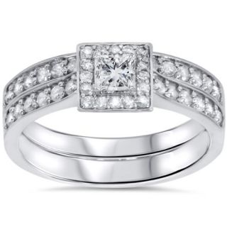 3/4ct Princess Cut Diamond Halo Engagement Ring Set 10K White Gold