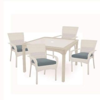 Martha Stewart Living Charlottetown White 5 Piece All Weather Wicker Patio Dining Set with Washed Blue Cushion 65 55651W