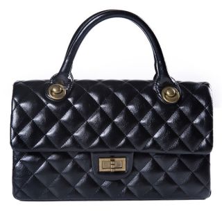 Black Faux Leather Quilted Handbag with Chain Shoulder Strap, Handles