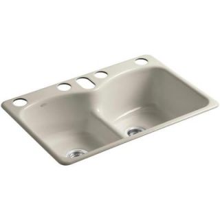 KOHLER Langlade Smart Divide Undermount Cast Iron 33 in. 6 Hole Double Bowl Kitchen Sink in Sandbar K 6626 6U G9