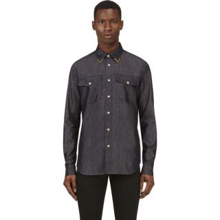 Versace Indigo Collar Tip Chambray Shirt