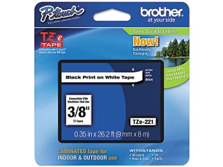 Brother TZE221 TZe Standard Adhesive Laminated Labeling Tape 0.38" Width x 26.20 ft Length   1 Each   White