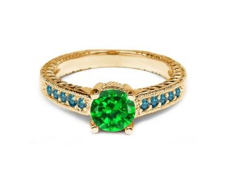 1.67 Ct Round Green Simulated Emerald Blue Diamond 14K Yellow Gold Engagement Ring