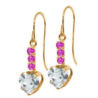 2.30 Ct Heart Shape Sky Blue Topaz Pink Sapphire 14K Yellow Gold Earrings