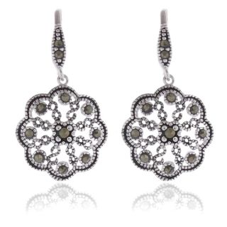Dolce Giavonna Silverplated Marcasite Flower Design Drop Earrings