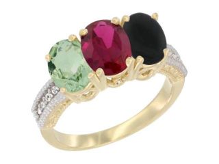 14K Yellow Gold Natural Green Amethyst, Enhanced Ruby & Natural Black Onyx Ring 3 Stone 7x5 mm Oval Diamond Accent, sizes 5   10