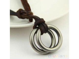Men's Women's Unisex Circle Ring Charm Pendant Brown Genuine Leather Necklace Cord