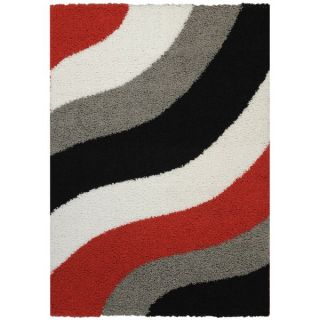 Maxy Home Shag Block Striped Waves Red Black White Grey Area Rug (5 x
