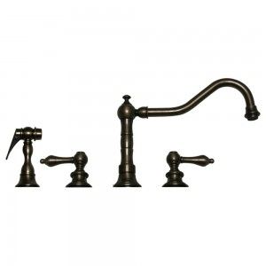 Whitehaus WHKLV3 4400 P Vintage III widespread faucet with long traditional swivel spout, lever handles and solid brass side spray   Pewter
