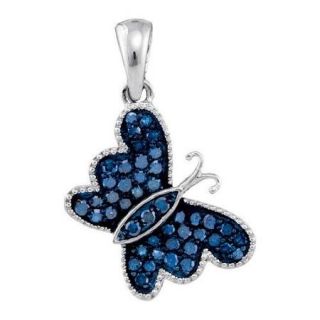 10K White Gold 0.31ctw Glamorous Pave Blue Diamond Decorated Butterfly Pendant