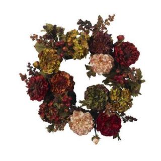 Nearly Natural 22 in. Artificial Wreath with Autumn Hydrangeas and Peony 4911