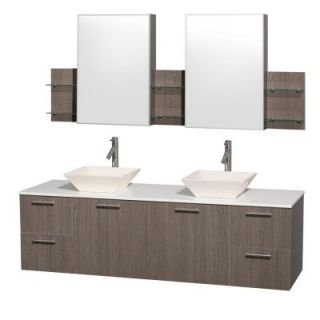 Wyndham Collection Amare 72 in. Double Vanity in Grey Oak with Man Made Stone Vanity Top in White and Bone Porcelain Sinks WCR410072GOWHD28BNMCDB