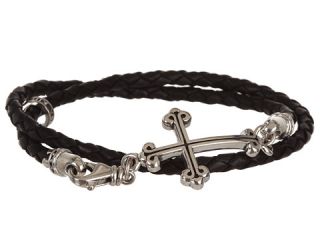 King Baby Studio Thin Braided Leather Traditional Cross Double Wrap Bracelet Black Sterling