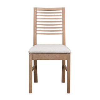 Pair of white washed oak Nord dining chairs with beige fabric seats