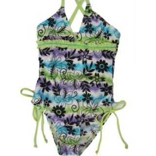 2B Real Little Girls Blue Purple Tie Dyed Floral Print One Piece Swimsuit 6X