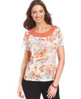 Alfred Dunner Short Sleeve Beaded Floral Print Top