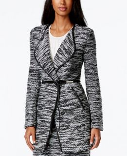 Calvin Klein Belted Faux Leather Trim Tweed Jacket   Wear to Work