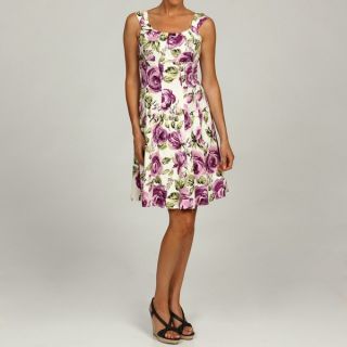 London Times Womens Ivory/Purple Floral Cotton Sateen Dress