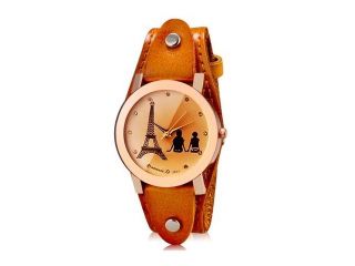 WOMAGE 232 3 Womens Tower Print Round Analog Watch with Stainless Steel Case  Genuine Leather Strap (Brown) M.