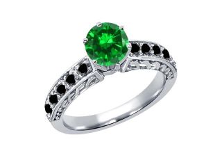 1.80 Ct Round Green Simulated Emerald Black Diamond 14K White Gold Ring 